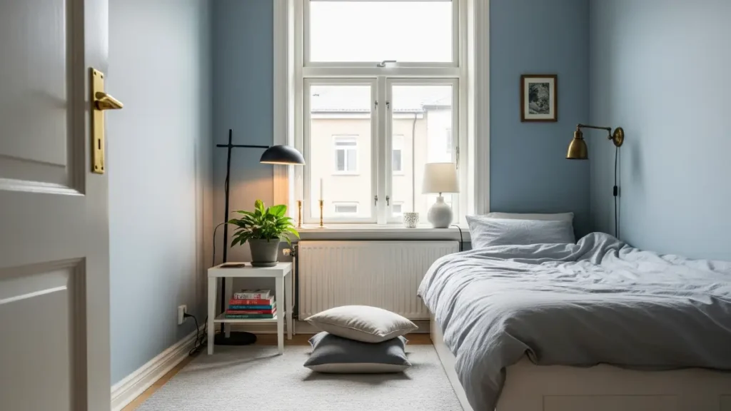Texto Alternativo: Quarto pequeno com abundante luz natural e iluminação artificial estratégica, destacando as melhores cores para pintar o quarto.