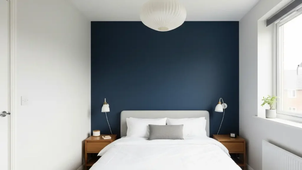 Quarto pequeno com uma parede de destaque em cor escura, demonstrando o uso estratégico das melhores cores para pintar o quarto.