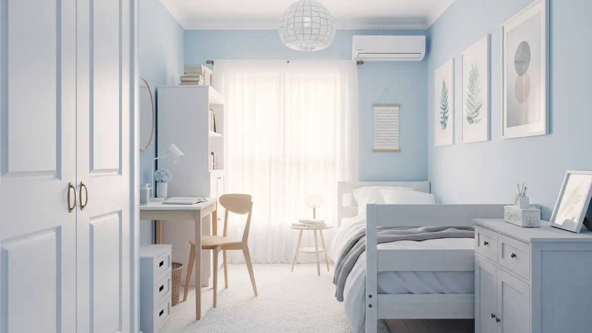 Quarto pequeno e aconchegante com as melhores cores para pintar o quarto, em tons claros e arejados, transmitindo sensação de amplitude.