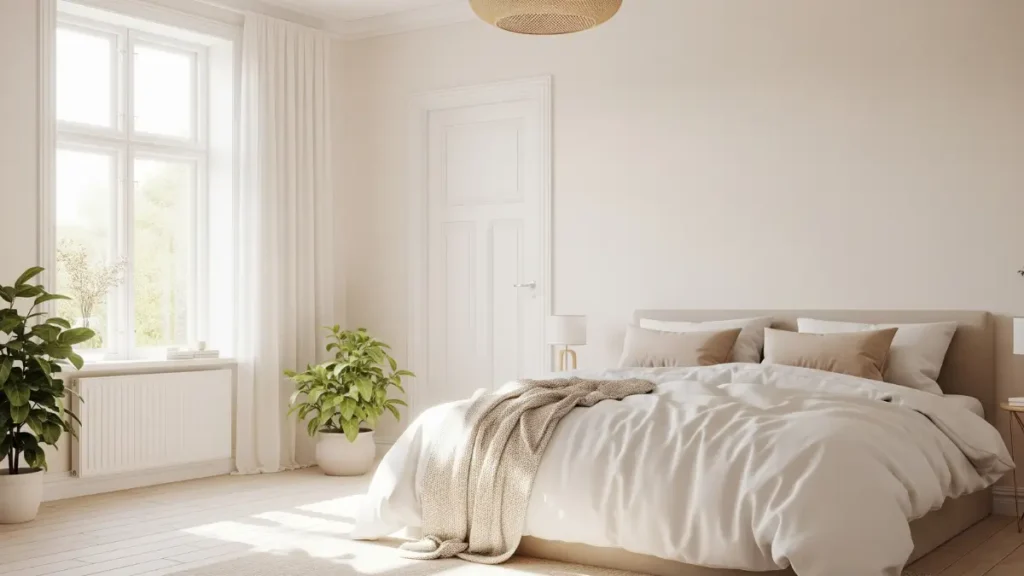 Quarto claro e arejado, demonstrando como as melhores cores para pintar o quarto em tons claros ampliam o espaço.