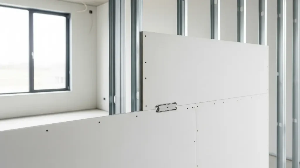 Instalação de placas de drywall em estrutura metálica, evidenciando a praticidade e a diferença entre gesso e drywall na construção a seco.