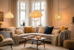 Uma sala de estar aconchegante e bem iluminada, mostrando diferentes tipos de luminárias, como pendentes, de piso e de mesa. A imagem exemplifica o tema como escolher luminárias para sala de forma prática e estilosa.