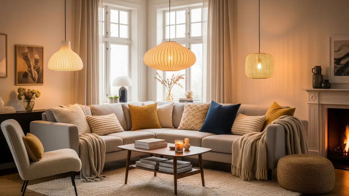 Uma sala de estar aconchegante e bem iluminada, mostrando diferentes tipos de luminárias, como pendentes, de piso e de mesa. A imagem exemplifica o tema como escolher luminárias para sala de forma prática e estilosa.