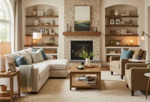 Imagem de uma sala de estar bem iluminada mostrando um Layout de Sala de Estar funcional, com um sofá em L creme, duas poltronas, uma lareira de pedra como ponto focal e um grande tapete definindo o espaço.