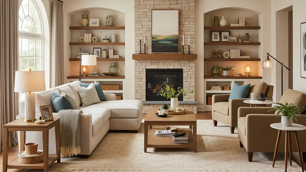 Imagem de uma sala de estar bem iluminada mostrando um Layout de Sala de Estar funcional, com um sofá em L creme, duas poltronas, uma lareira de pedra como ponto focal e um grande tapete definindo o espaço.