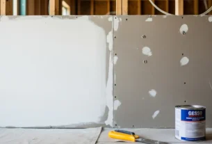 Uma imagem comparativa da diferença entre gesso e drywall em uma obra, mostrando uma parte da parede revestida com gesso e outra com a placa de drywall exposta.