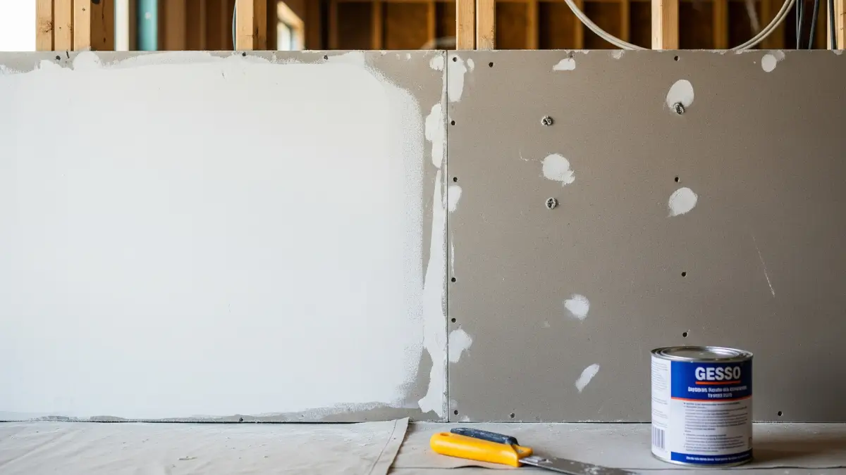 Uma imagem comparativa da diferença entre gesso e drywall em uma obra, mostrando uma parte da parede revestida com gesso e outra com a placa de drywall exposta.