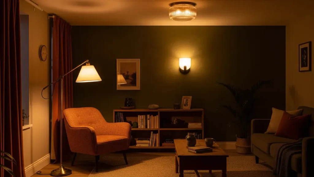 Uma sala de estar aconchegante com iluminação quente, destacando uma luminária de piso direcionada para uma poltrona, um plafon no teto e uma arandela na parede. A imagem ilustra dicas práticas de como escolher luminárias para sala para criar um ambiente pessoal e acolhedor.