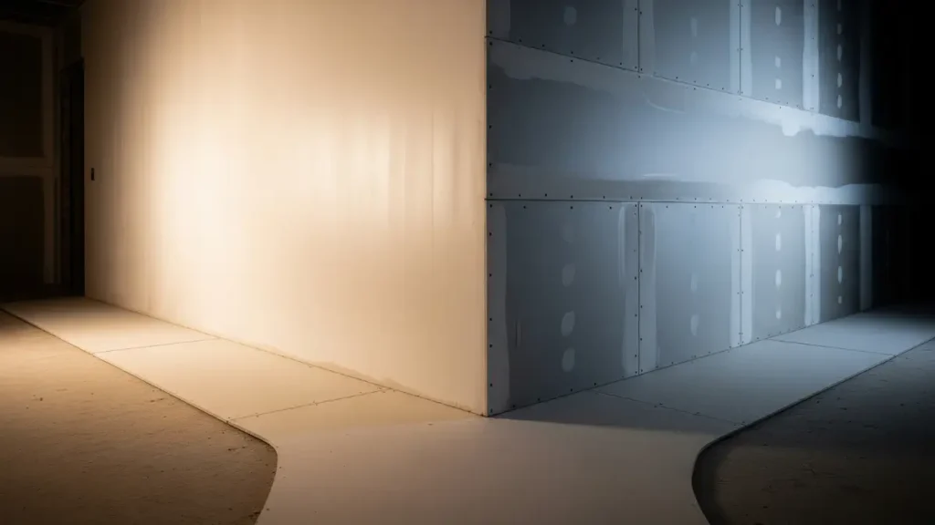 Um caminho bifurcado em uma obra, representando a escolha e a diferença entre gesso e drywall para um projeto de reforma.