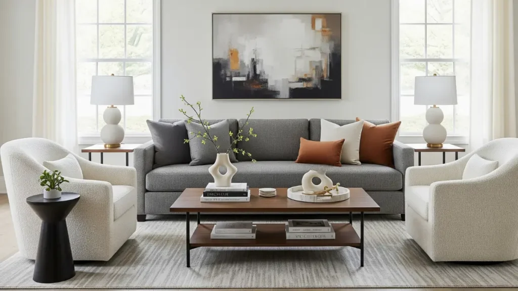 Imagem de um guia de mobiliário para o Layout de Sala de Estar, mostrando um sofá cinza, poltronas creme e uma mesa de centro de madeira escura, posicionados de forma a criar um ambiente elegante, funcional e com excelente circulação.