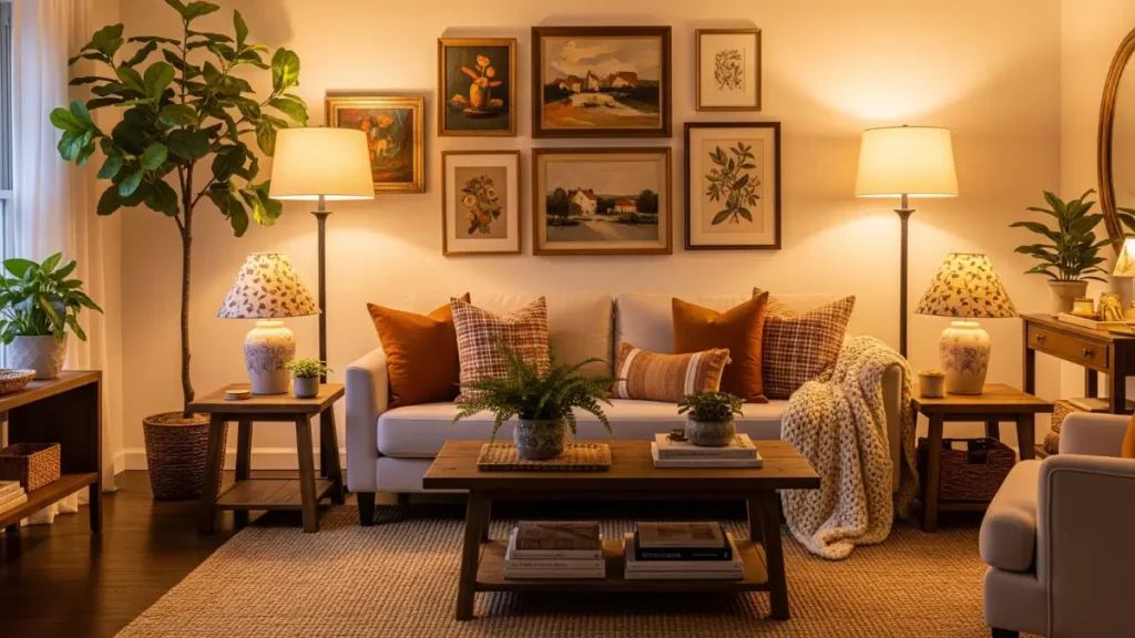 Imagem de um Layout de Sala de Estar aconchegante, onde a iluminação e a decoração são o destaque. Um sofá claro está decorado com almofadas e uma manta, cercado por plantas, quadros e múltiplos pontos de luz que criam um ambiente convidativo.