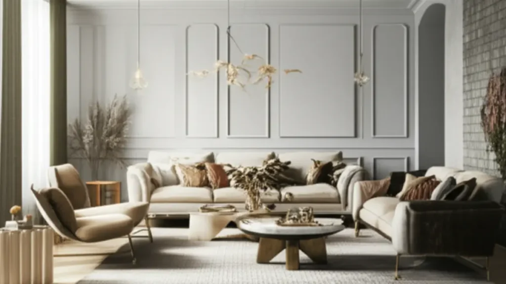 Uma elegante sala de estar com múltiplos pontos de iluminação, incluindo pendentes modernos sobre a área de estar e iluminação indireta nas paredes. A imagem ilustra visualmente o conceito de como escolher luminárias para sala de forma prática e focada no design.