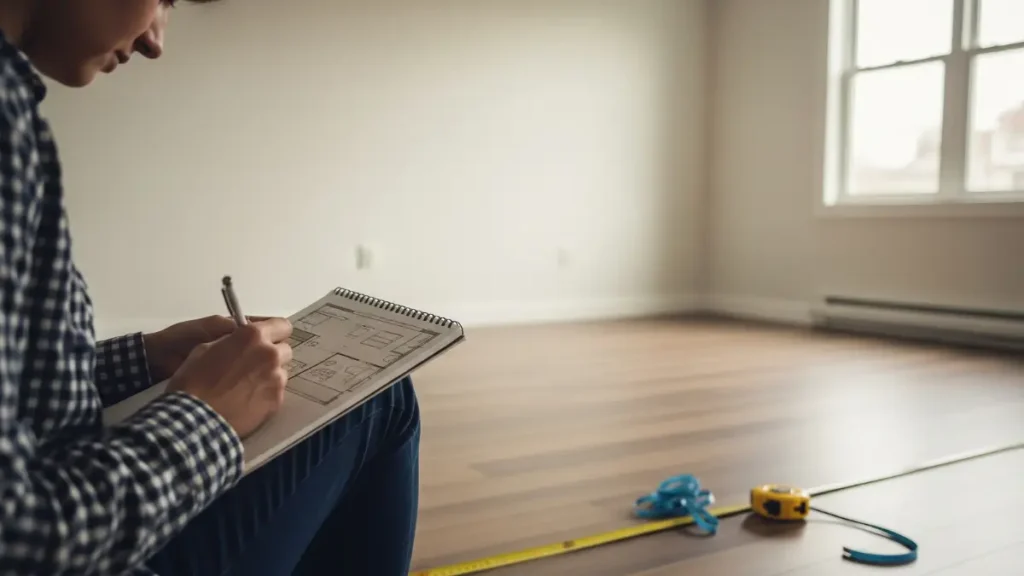 Imagem em close de uma pessoa desenhando em um caderno a planta de um Layout de Sala de Estar, com o fundo mostrando um cômodo vazio e uma fita métrica amarela estendida no piso de madeira.