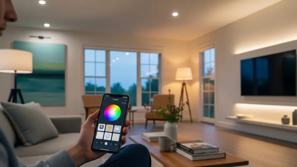 Um close de uma pessoa relaxando no sofá, segurando um smartphone com um aplicativo de controle de iluminação inteligente aberto, mostrando opções de cores e cenas, com uma sala de estar bem iluminada e moderna ao fundo.
