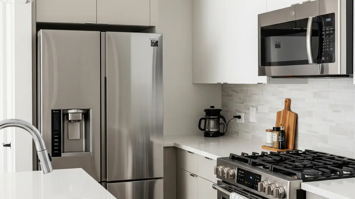 Cozinha limpa e organizada com cuidados com eletrodomésticos na cozinha.