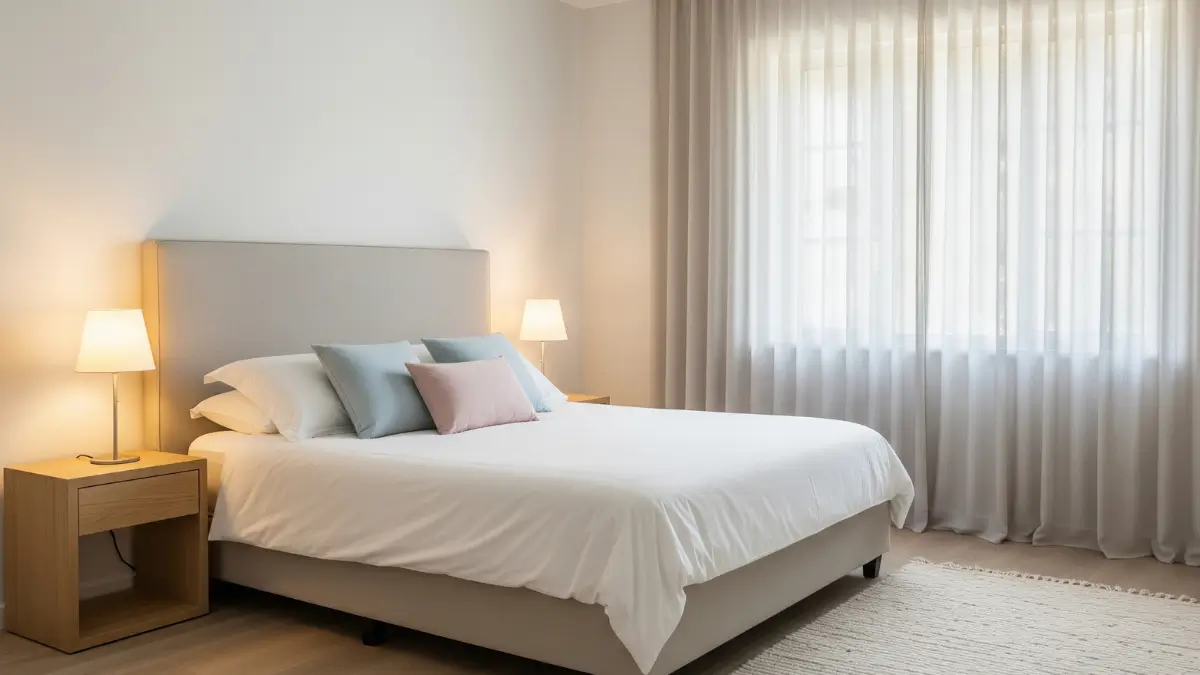 inspiração para quarto de casal minimalista com tons claros.