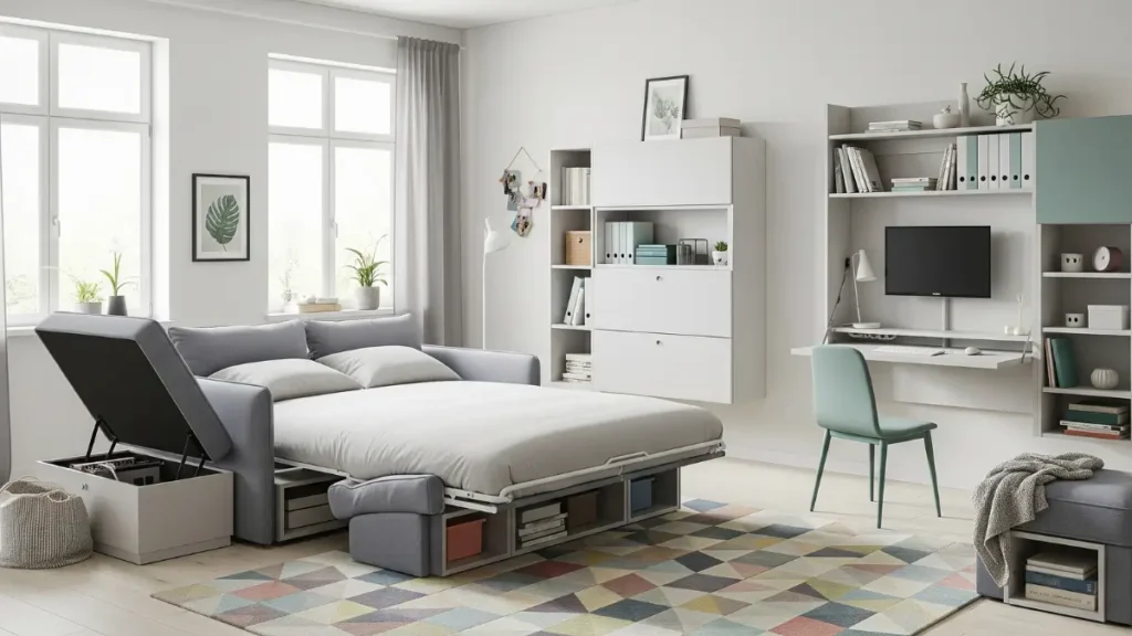 Sala pequena com móveis multifuncionais e soluções de armazenamento inteligentes, exemplificando como decorar uma sala pequena com funcionalidade.