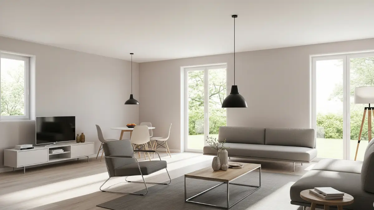 Um dos mais belos ambientes decorados modernos: sala de estar minimalista e funcional.