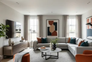 Uma sala de estar com estética de Design de Interiores Moderno, mostrando um sofá cinza, poltronas, mesa de centro e ampla iluminação natural, refletindo um estilo sofisticado e funcional.