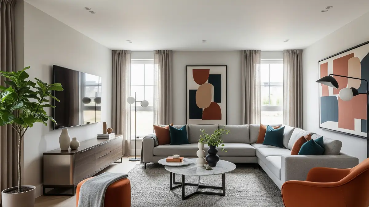 Uma sala de estar com estética de Design de Interiores Moderno, mostrando um sofá cinza, poltronas, mesa de centro e ampla iluminação natural, refletindo um estilo sofisticado e funcional.