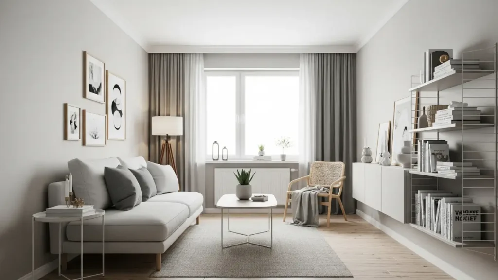 Sala pequena organizada com decoração minimalista, enfatizando a importância de como decorar uma sala pequena com simplicidade.