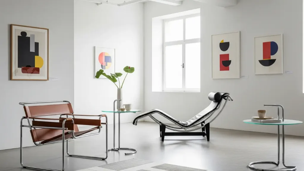 Cena interna representando as origens do Design de Interiores Moderno, com paredes brancas, uma cadeira Wassily, uma chaise longue LC4 e quadros de arte abstrata na parede.