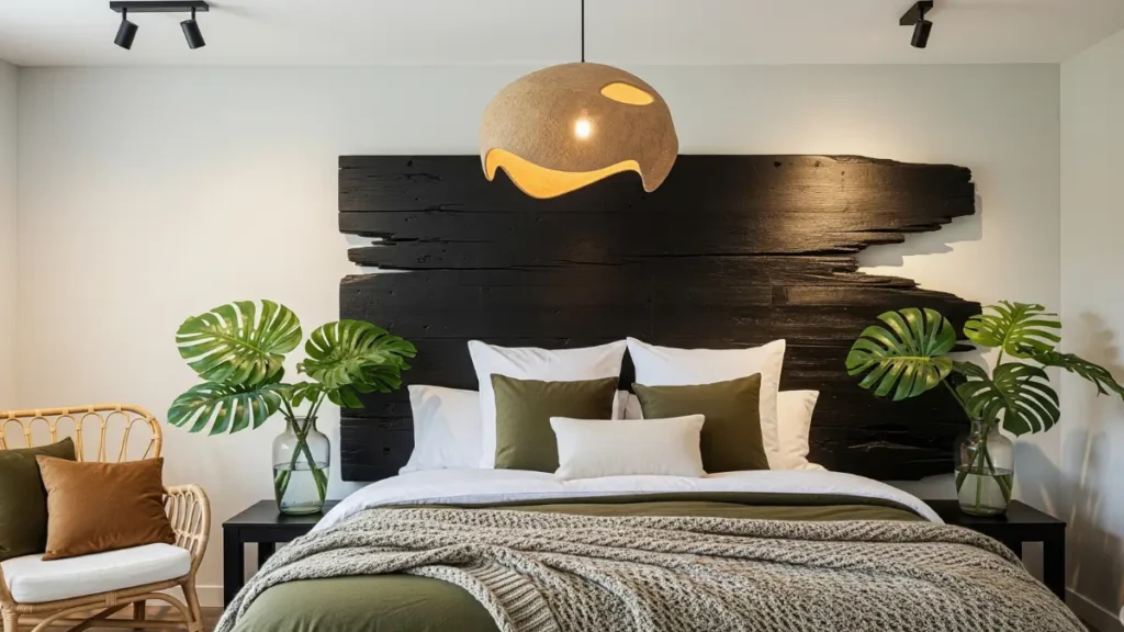 Quarto de casal com plantas e madeira.