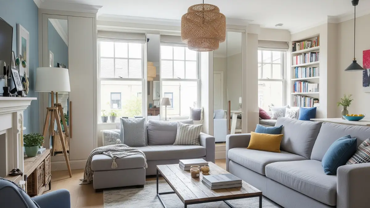 Sala de estar pequena decorada com inteligência, mostrando como decorar uma sala pequena para parecer maior e mais funcional.