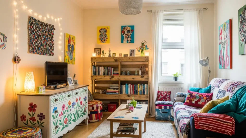Sala pequena decorada com soluções criativas e projetos DIY, inspirando como decorar uma sala pequena de forma personalizada.