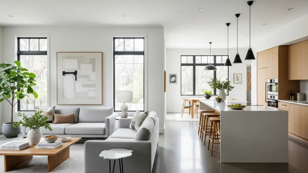Um interior de casa com Design de Interiores Moderno, mostrando uma sala de estar com sofá cinza que se abre para uma cozinha com armários de madeira clara e bancada branca, exemplificando a integração de ambientes.