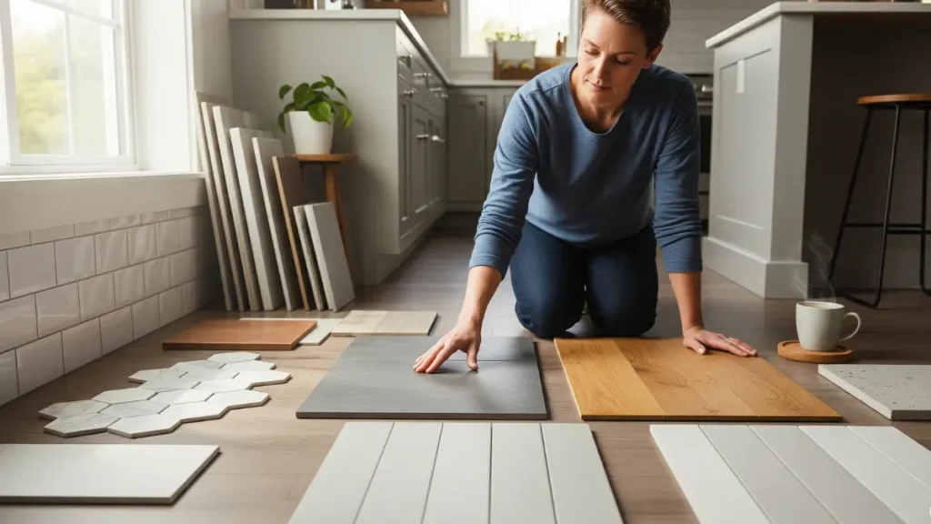 Mulher observando diversas amostras de piso, incluindo porcelanato, madeira e cerâmica, na busca pelo melhor piso para cozinha.
