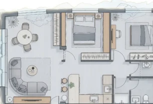 Uma ilustração de uma Planta Baixa de Casa Pequena moderna, detalhando um design de interiores que prioriza a utilização máxima de cada metro quadrado.