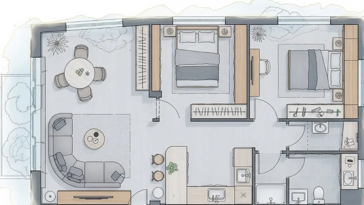 Uma ilustração de uma Planta Baixa de Casa Pequena moderna, detalhando um design de interiores que prioriza a utilização máxima de cada metro quadrado.
