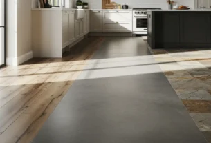 Diferentes tipos de piso para cozinha, incluindo porcelanato com imitação de madeira, cimento queimado e pedra, demonstrando opções para o melhor piso para cozinha.