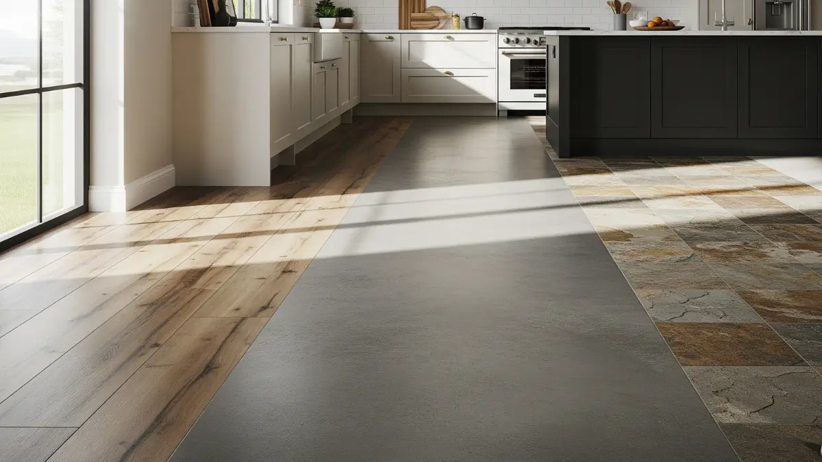 Diferentes tipos de piso para cozinha, incluindo porcelanato com imitação de madeira, cimento queimado e pedra, demonstrando opções para o melhor piso para cozinha.