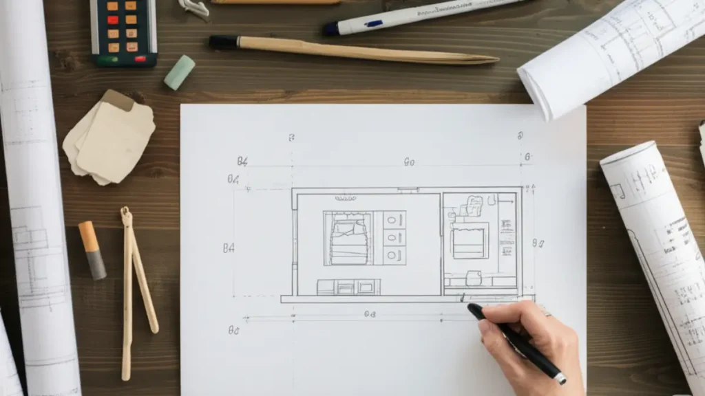 Mãos trabalhando no desenho de uma Planta Baixa de Casa Pequena em uma mesa com ferramentas de arquitetura e design, representando as etapas práticas do projeto.