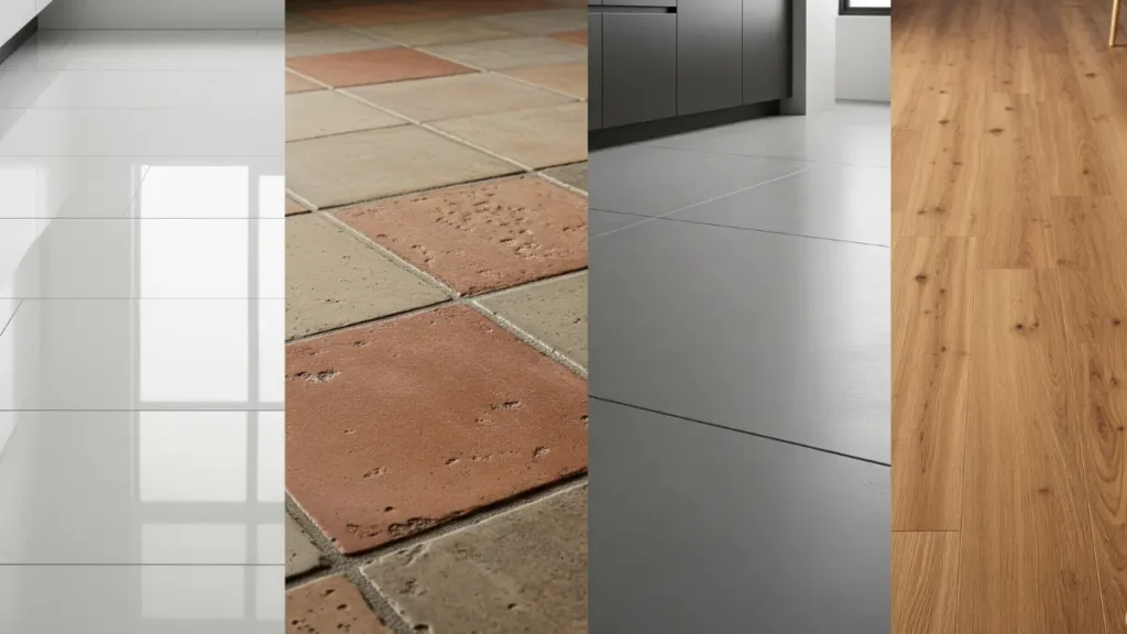 Montagem de diferentes tipos de pisos para cozinha, incluindo porcelanato polido, cerâmica rústica, cimento queimado e vinílico imitando madeira, mostrando opções para o melhor piso para cozinha.