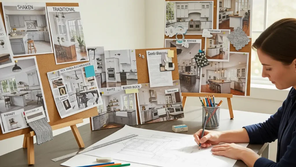 Pessoa iniciando um projeto de cozinha planejada com desenhos e painéis de inspiração.