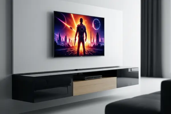 Como instalar suporte de TV na parede: TV moderna montada em parede cinza.