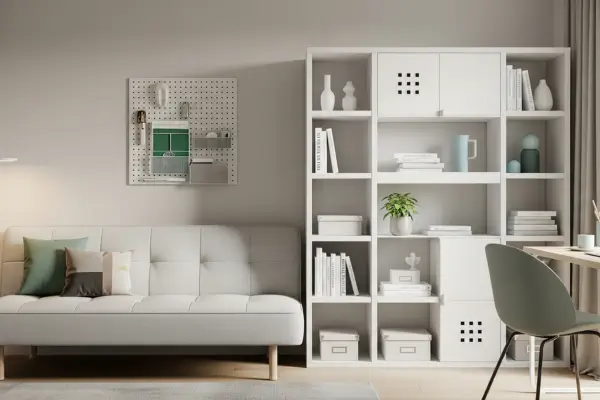 Apartamento pequeno otimizado com sofá-cama e estante modular que demonstra como otimizar o espaço em apartamentos pequenos.