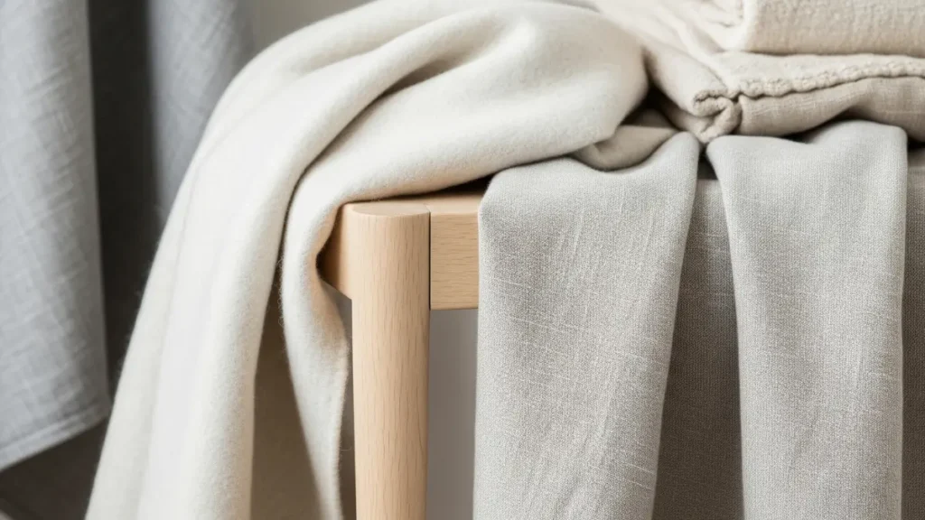 Composição de materiais e cores que caracterizam a decoração escandinava.