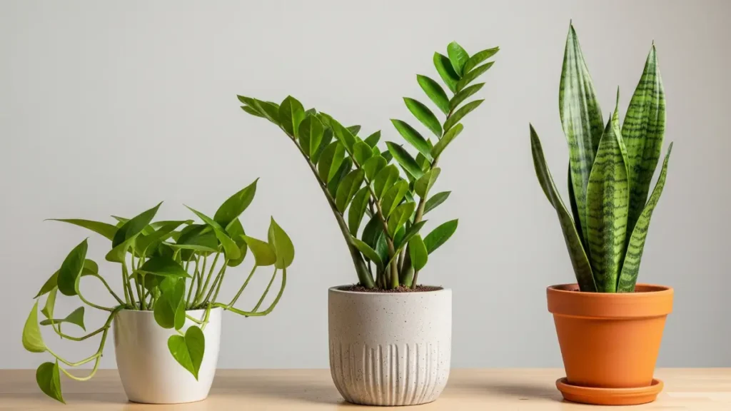Três plantas fáceis de cuidar para iniciantes: Zamioculca, Jiboia e Espada-de-São-Jorge em vasos sobre mesa, ideias de decoração com plantas.