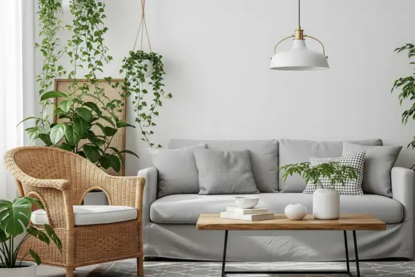 Sala de estar aconchegante com móveis e plantas, ilustrando diversos estilos de decoração de interiores