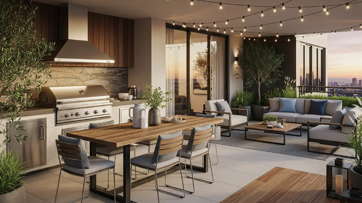Visão ampla de um projeto de varanda gourmet ao entardecer, com uma mesa de madeira posta para seis pessoas, churrasqueira embutida, sofá confortável e grandes vasos de plantas, com a cidade iluminada ao fundo.
