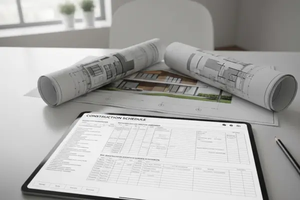 Cronograma de obra residencial detalhado em um tablet, com plantas de uma casa moderna em um escritório minimalista.