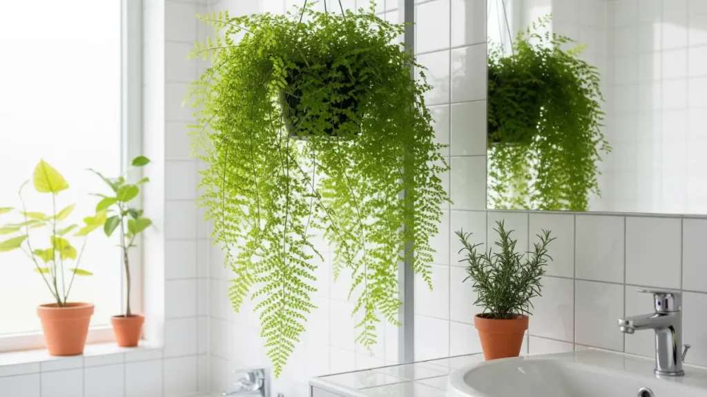 com samambaia pendurada, vaso de ervas na bancada e plantas na janela, mostrando ideias de decoração com plantas em áreas úmidas.