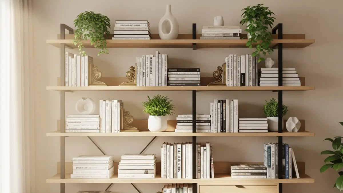 Estante de livros moderna e organizada que mostra como montar estante de livros de forma eficiente.