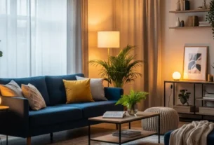 Ideias de decoração para sala de estar aconchegante com sofá cinza, iluminação quente e plantas verdes.