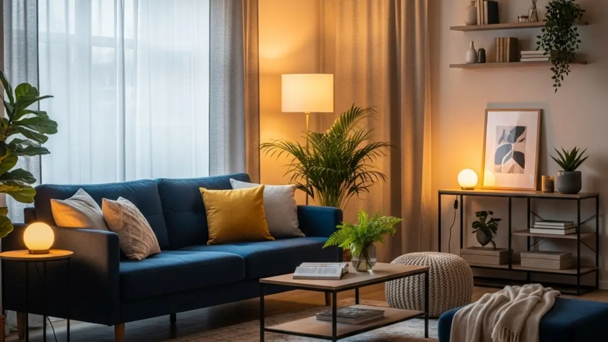 Ideias de decoração para sala de estar aconchegante com sofá cinza, iluminação quente e plantas verdes.