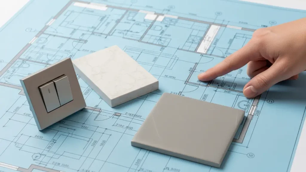 Uma mão apontando para detalhes em uma planta baixa com amostras de materiais, ilustrando a atenção aos pequenos elementos em um Plano de Reforma de Apartamento.